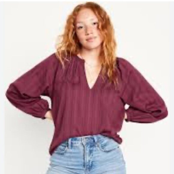Old Navy Tops - Old Navy Burgundy Dobby Blouse L Tall Textured Boho Workwear Fall Minimalist Top